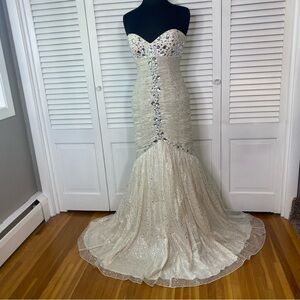 Shimmer by Bari Jay | Ivory & Silver Beaded Mermaid Style Gown | Size 10
